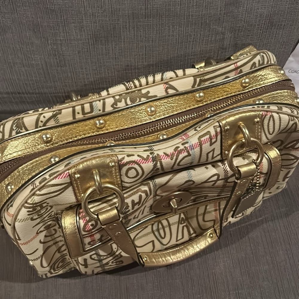 Coach Poppy Chelsea Graffiti Gold Tattersall Satchel Purse Cream and Gold - Picture 14 of 17